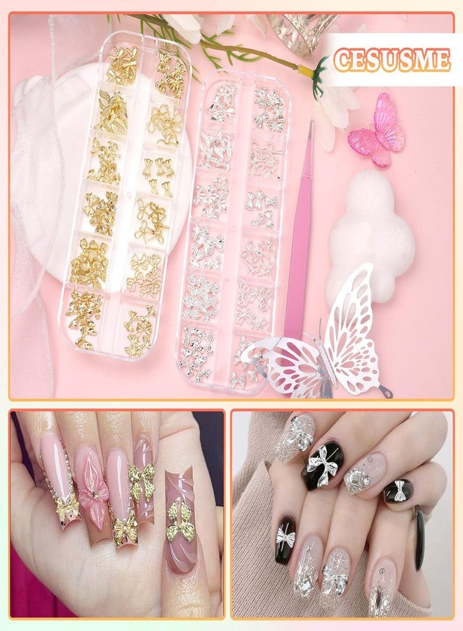 CESUSME 120 Pcs Gold Silver Bow Nail Charms, Alloy Bowknots Nail Charm, Metal Silver Gold Bow Nail Gems and Charms for Nail Art DIY Craft Accessories - Image 2